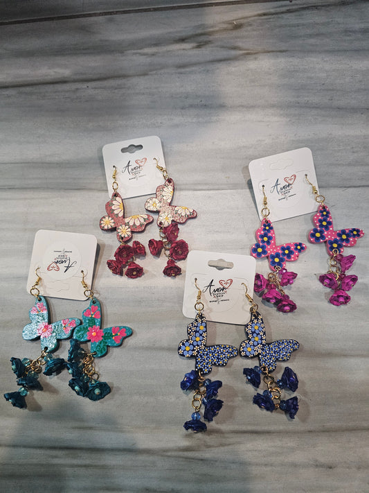 Earring Mariposa Wood Hand Painted Palm Flowers @amorfashionshop
