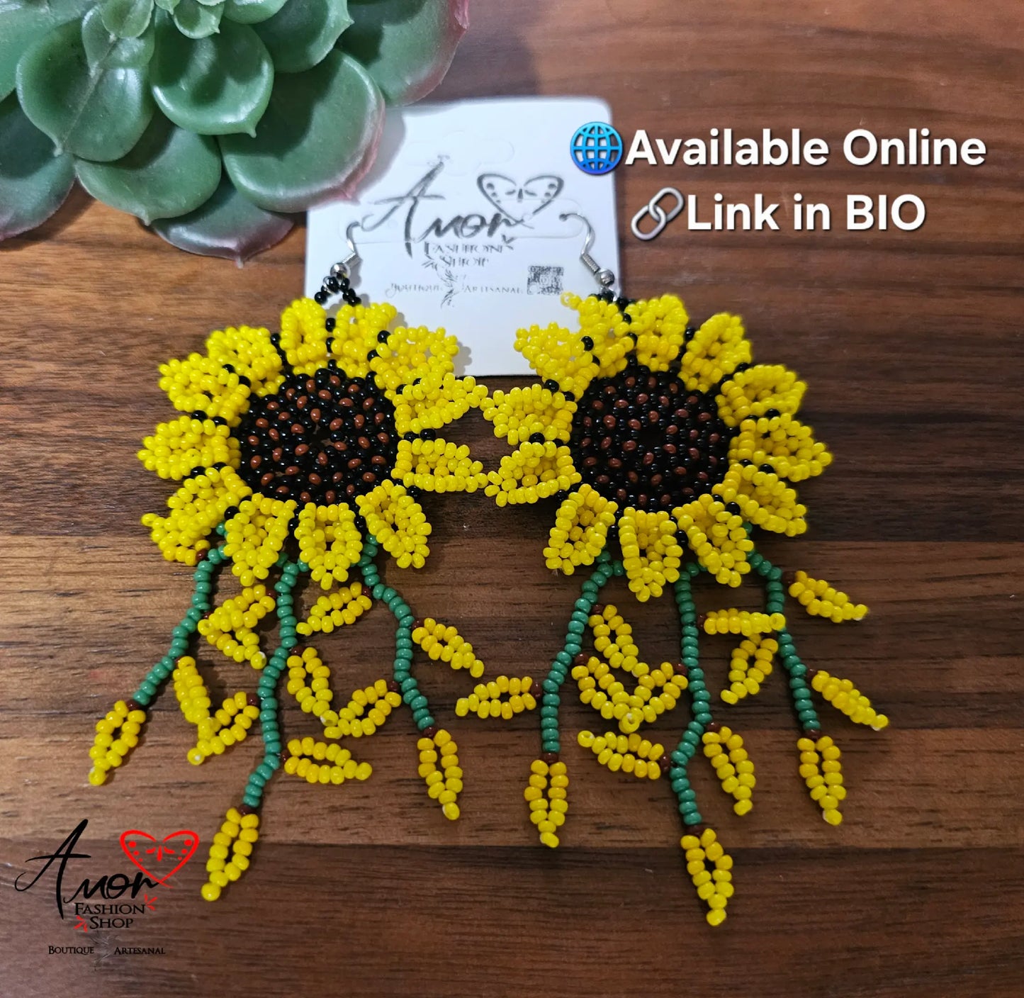 Gorgeous 3 Dimentional  Huichol Sunflower Dangling Beaded Earrings