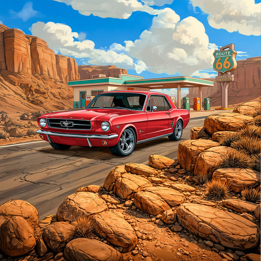 1966 Ford Mustang Inspired Route 66 3D Wall Art - Arid Desert Design
