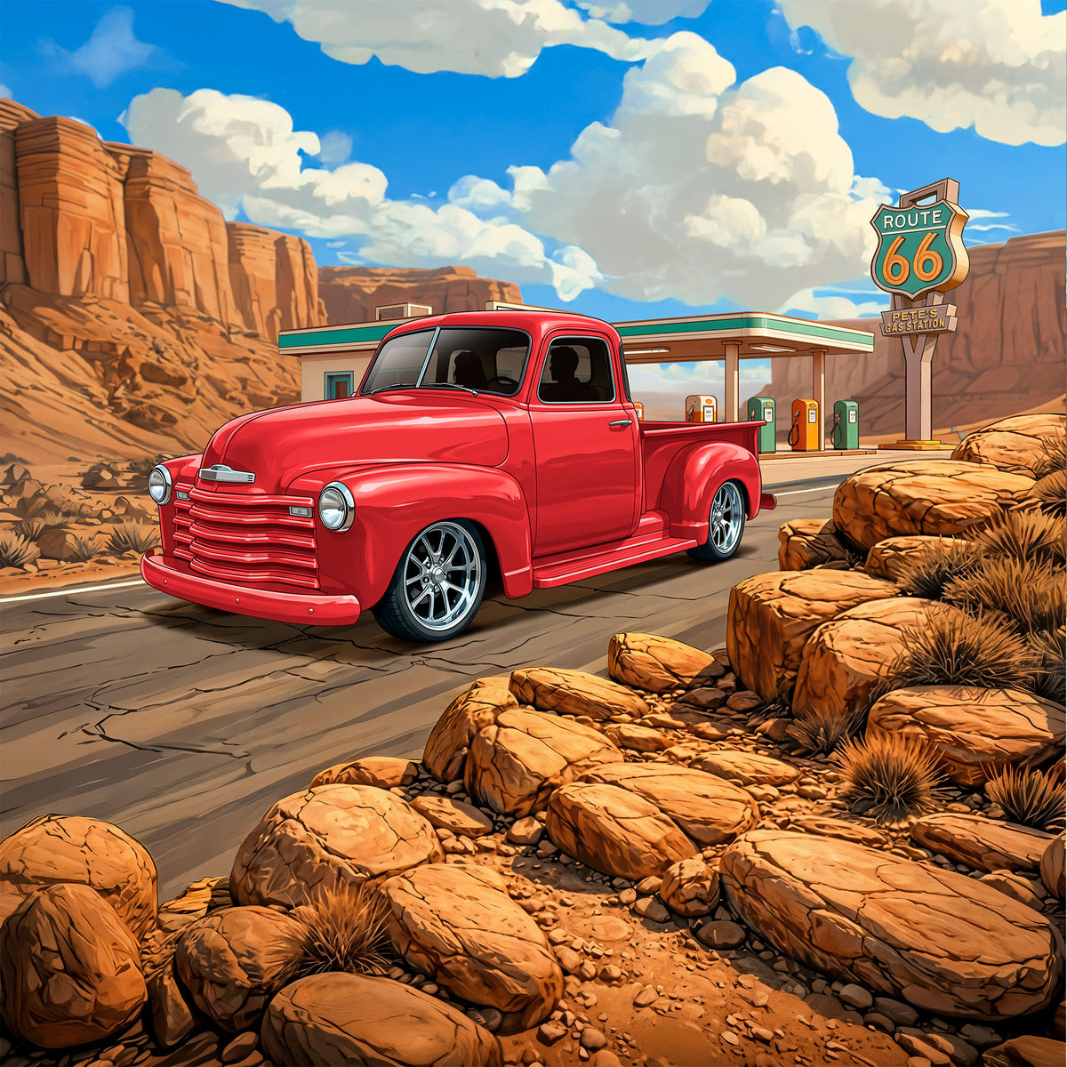 1950 Chevy 3100 Inspired Truck Route 66 3D Wall Art - Arid Desert Design