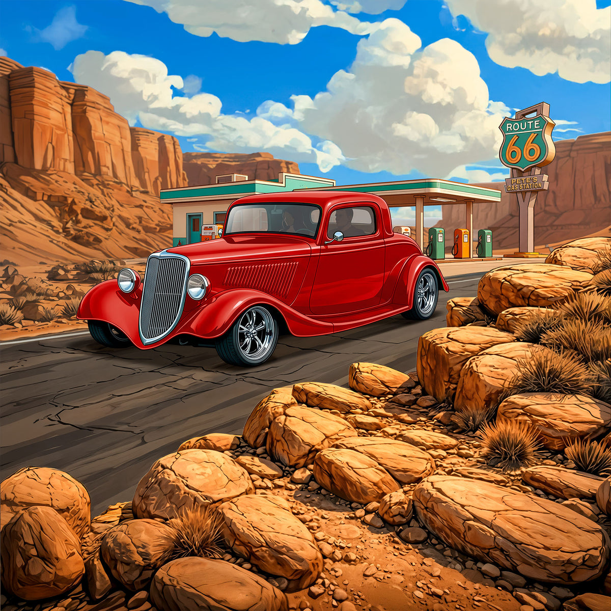 1934 Ford Coupe Inspired Route 66 3D Wall Art - Arid Desert Design