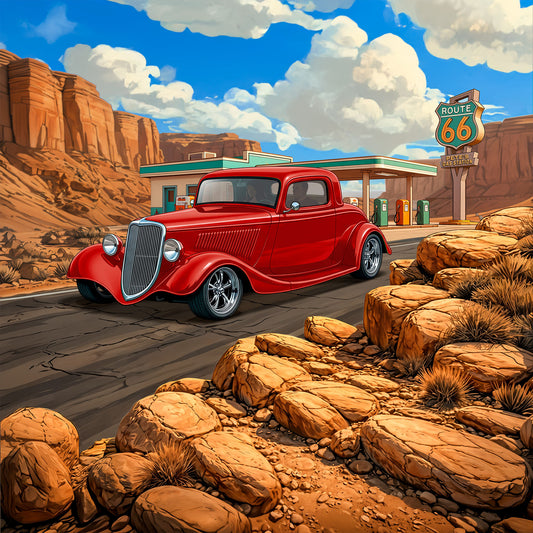 1934 Ford Coupe Inspired Route 66 3D Wall Art - Arid Desert Design