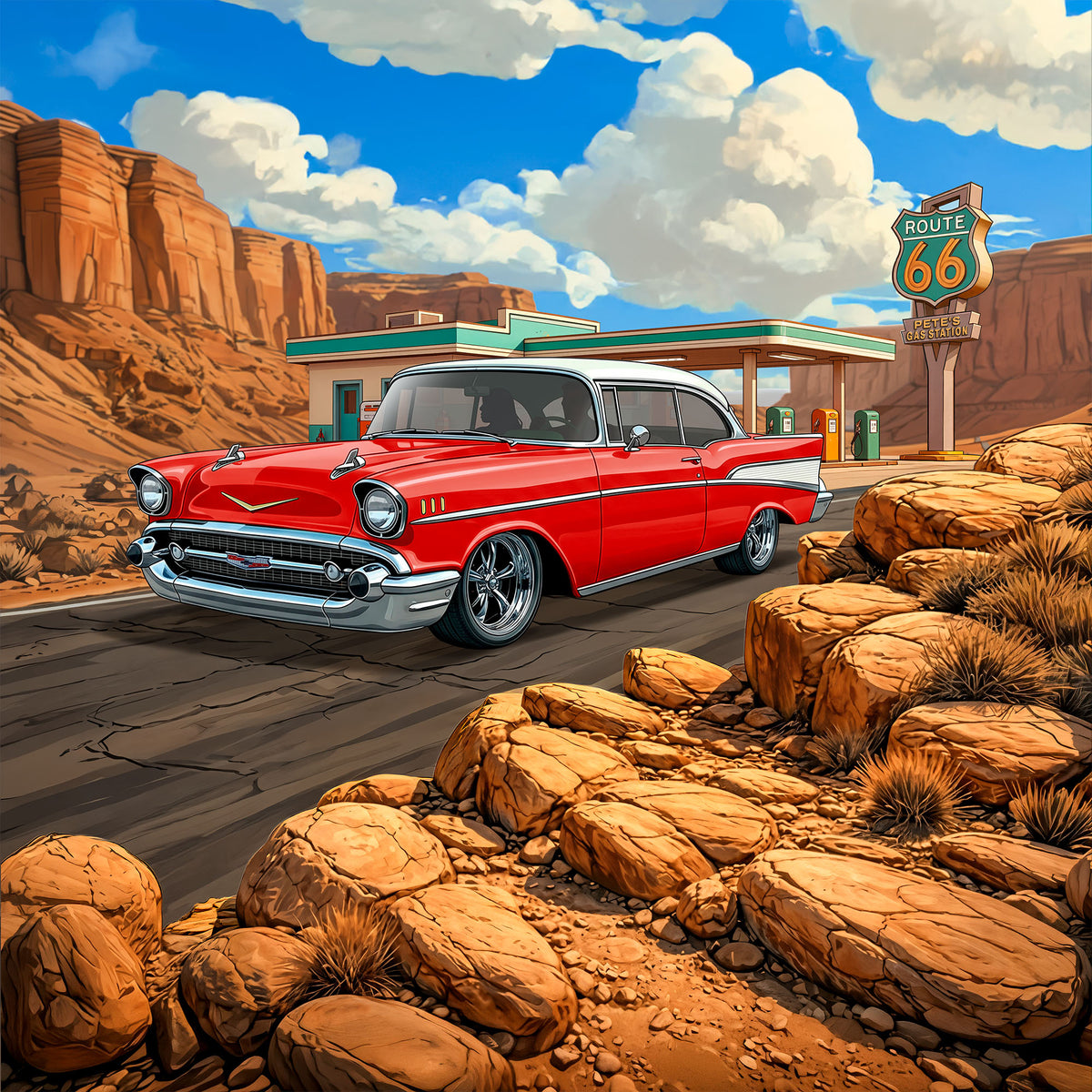 1957 Chevy Bel Air Inspired Route 66 3D Wall Art - Arid Desert Design
