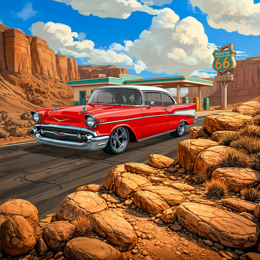 1957 Chevy Bel Air Inspired Route 66 3D Wall Art - Arid Desert Design