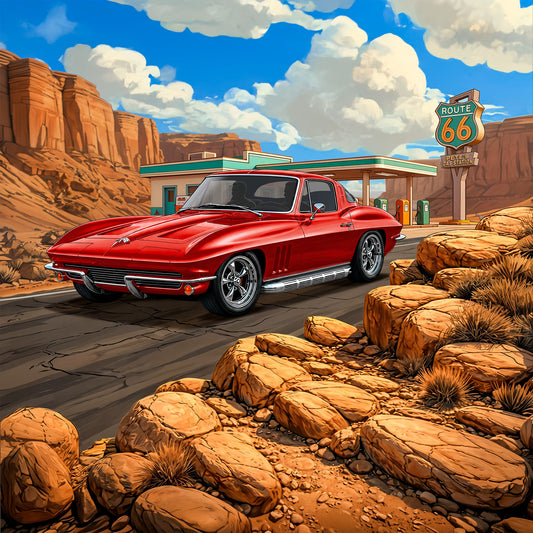 1965 Corvette Sting Ray Inspired Route 66 Wall Art - Arid Desert Design