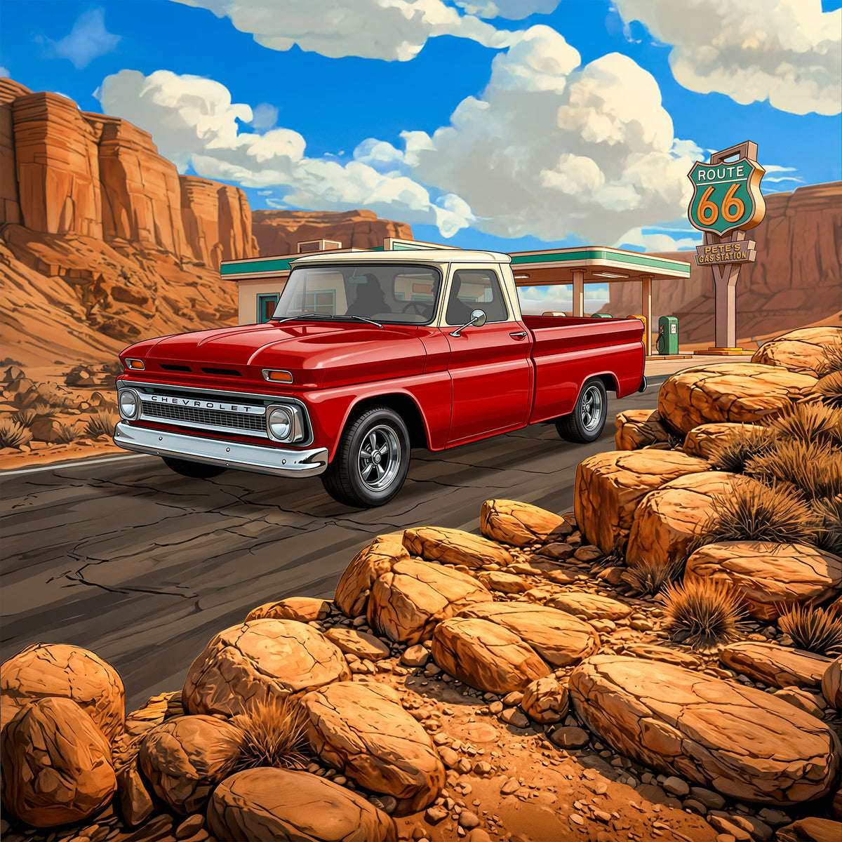 1966 Chevy C10 Inspired Truck Route 66 3D Wall Art - Arid Desert Design