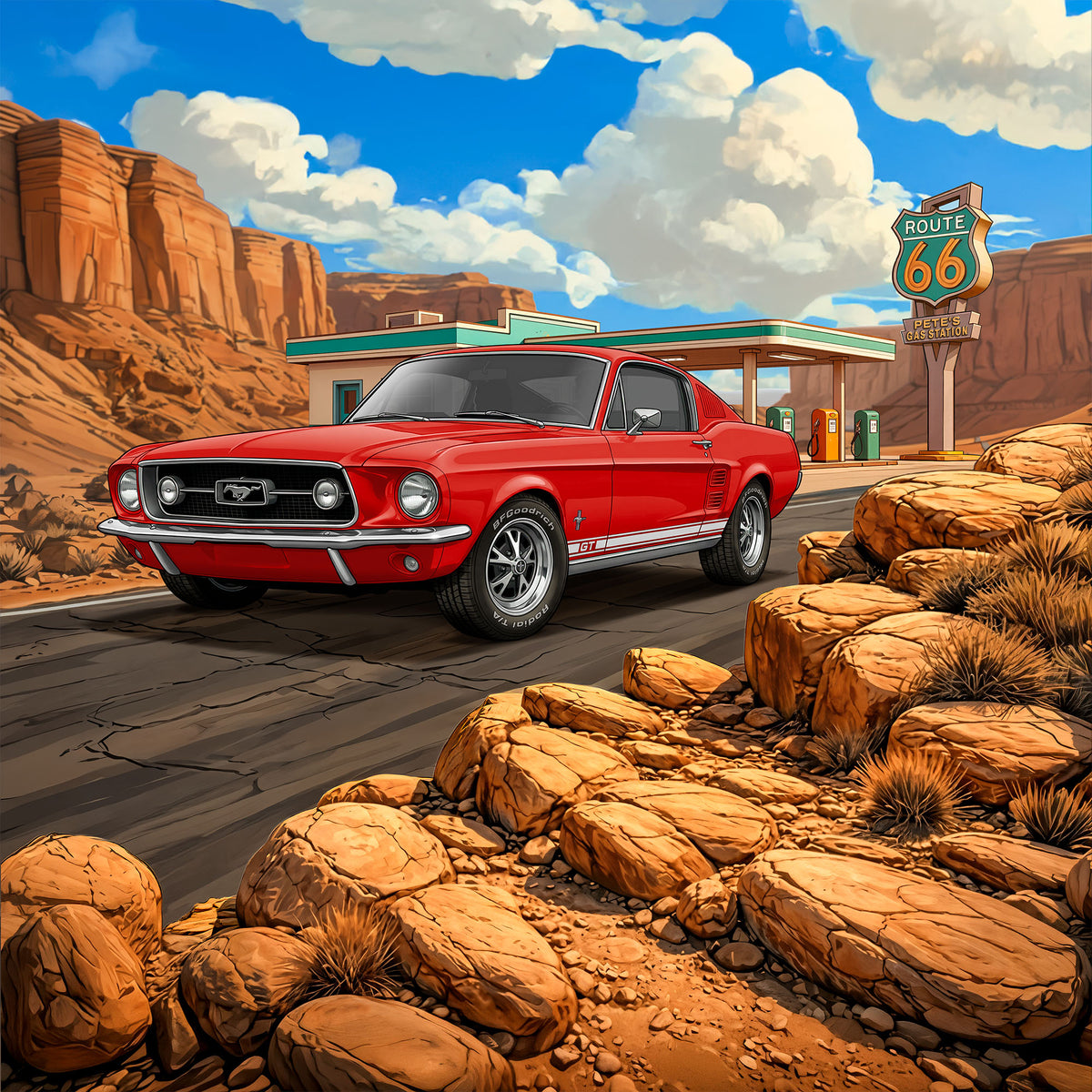 1967 Ford Mustang GT Inspired Route 66 3D Wall Art - Arid Desert Design