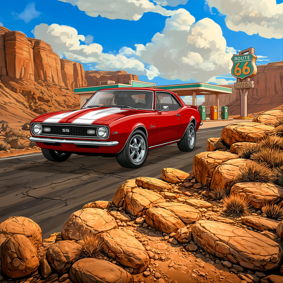 1968 Camaro Z28 Inspired Route 66 3D Wall Art - Arid Desert Design