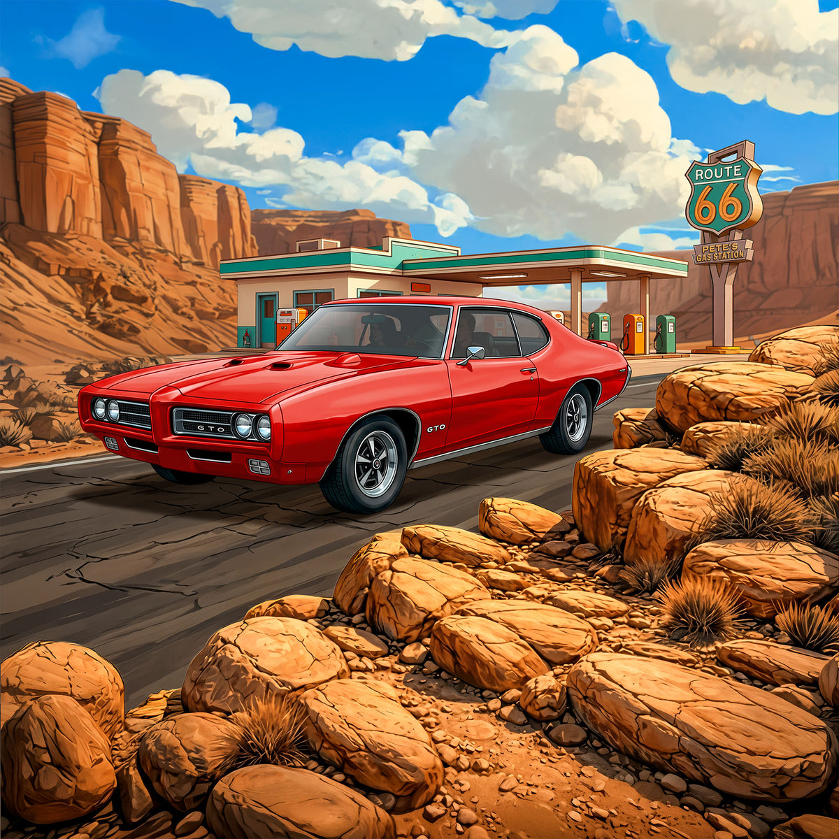 1969 Pontiac GTO Inspired Route 66 3D Wall Art - Arid Desert Design