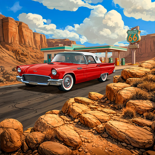 1956 Ford Thunderbird Inspired Route 66 3D Wall Art - Arid Desert Design