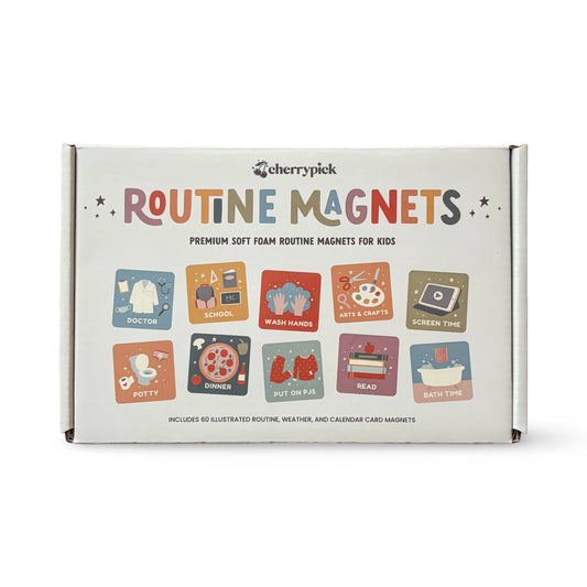 Box of 'Routine Magnets' for kids with colorful icons on a white background