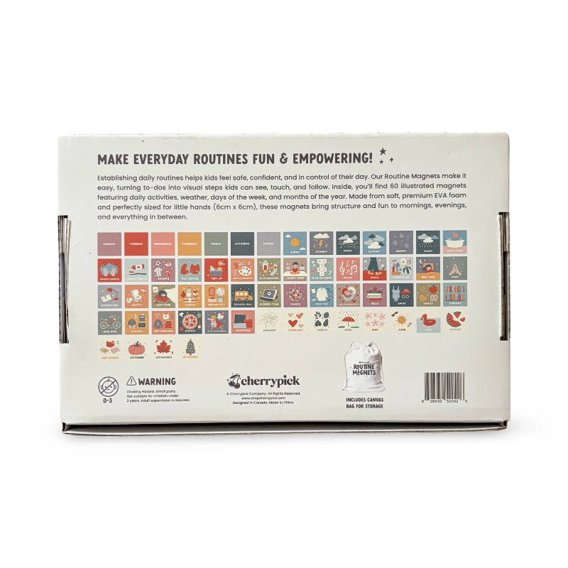 Box of illustrated magnets with text and branding on a white background