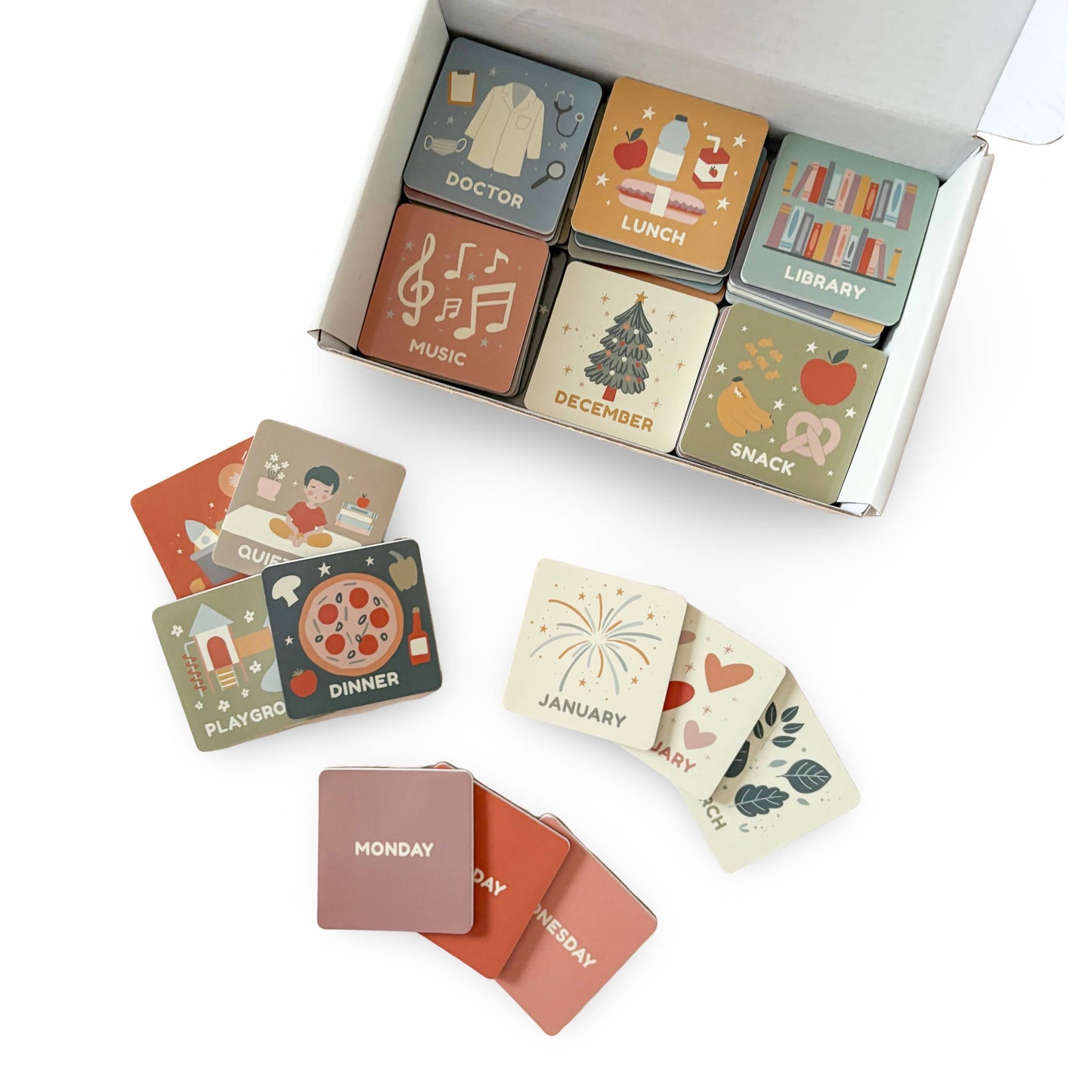 Set of colorful educational cards with various designs on a white background