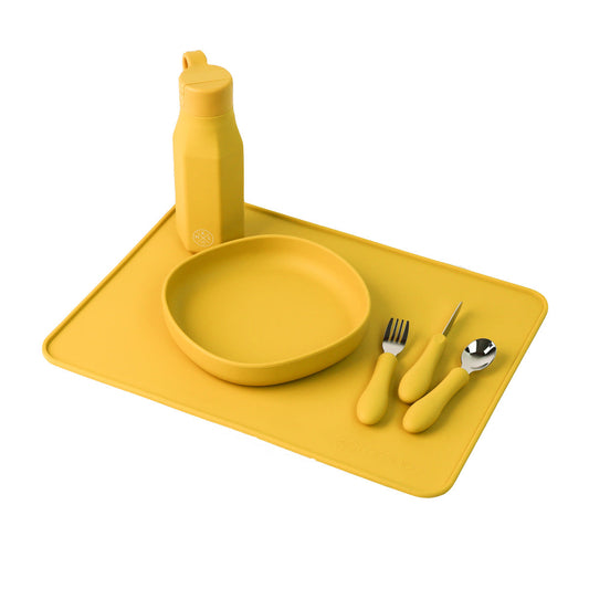 silicone placemat is easy to clean, non-sticky, and ideal for crafting, dining, pets food, and play. For kids and adults. Home lifestyle and dinnerware. MKS MIMINOO usa brand. mustard yellow. for toddler boys and girls. 