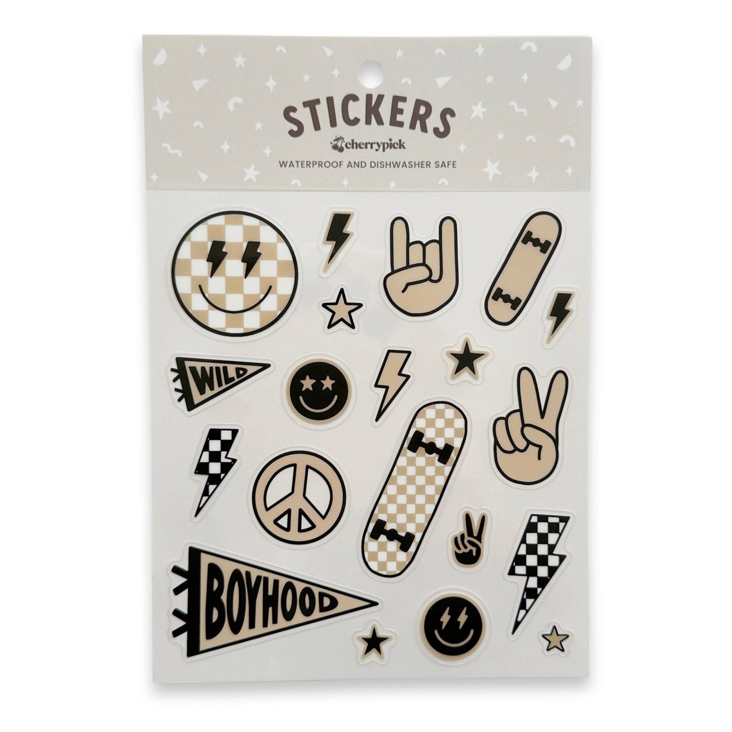 Sheet of stickers with various designs on a gray background