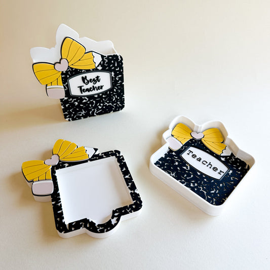 Three decorative boxes with yellow bows and text on a beige background